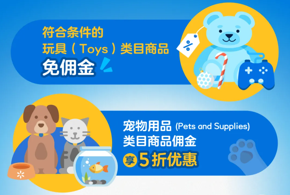 旺季品类限时福利：玩具类目佣金全免，宠物类目佣金减半！